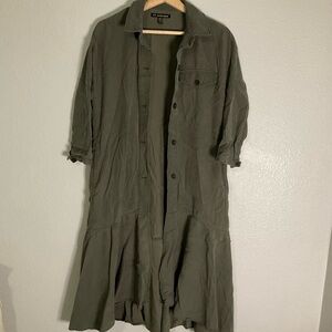 ZARA Trafaluc TRF Olive Oversized Shirt‎ Dress w/ Frill Ruffle Small Lagenlook